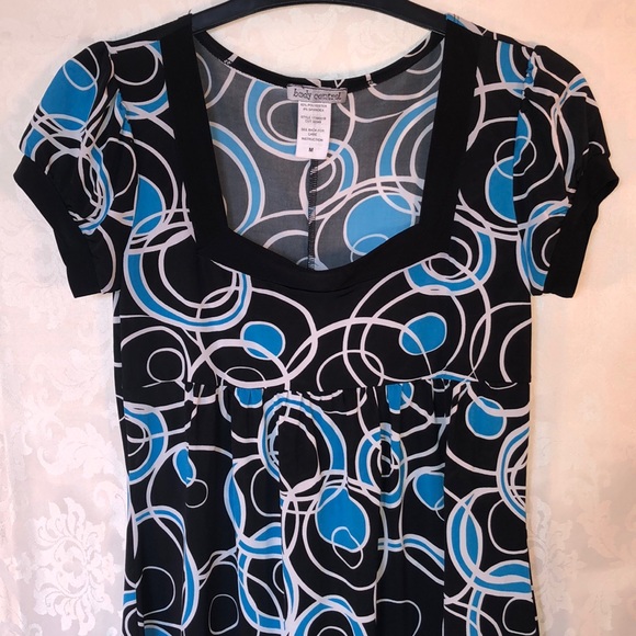 Square neckline empire waist Y2K 00s black dress with blue & white circle print - Picture 2 of 6